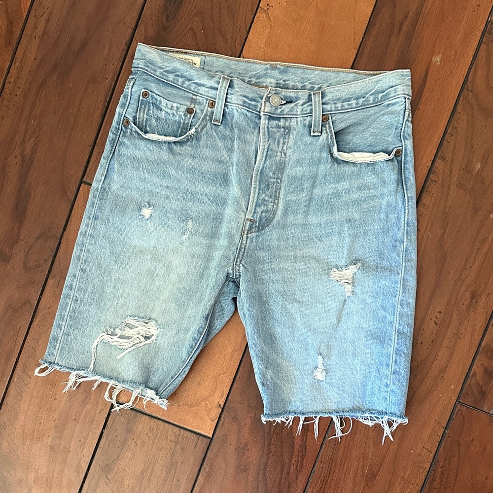 Levis Distressed Light Blue Denim Shorts